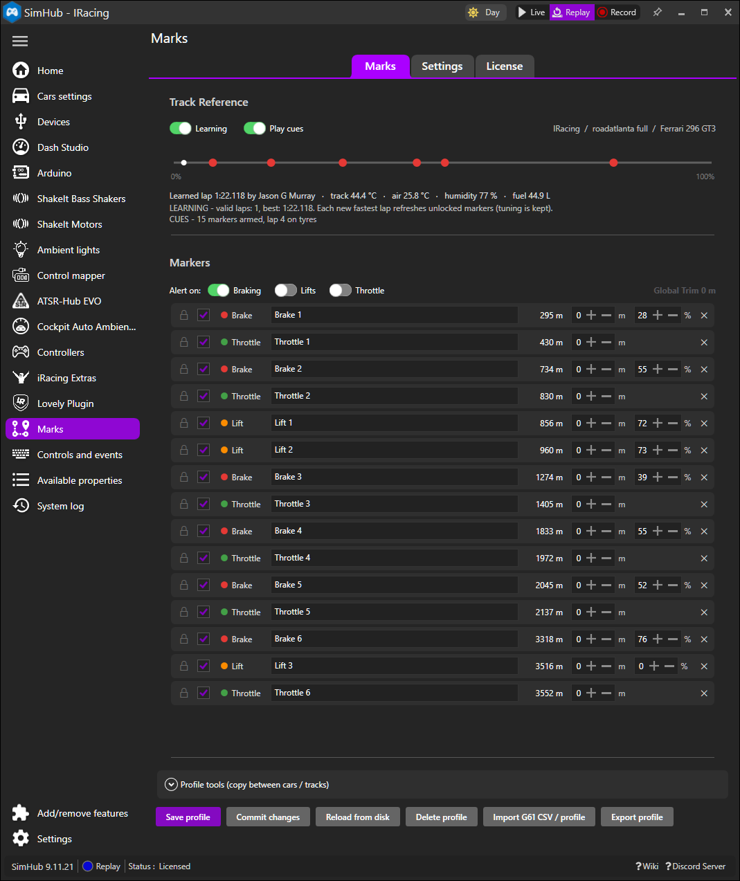 The Marks plugin page in SimHub: track reference strip, learned lap conditions and the markers list