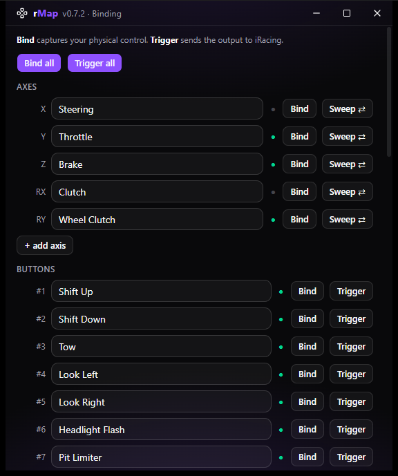rMap's Binding window listing named axes and buttons with Bind and Trigger controls