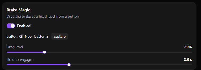 Brake Magic settings: bound button, drag level and hold-to-engage time
