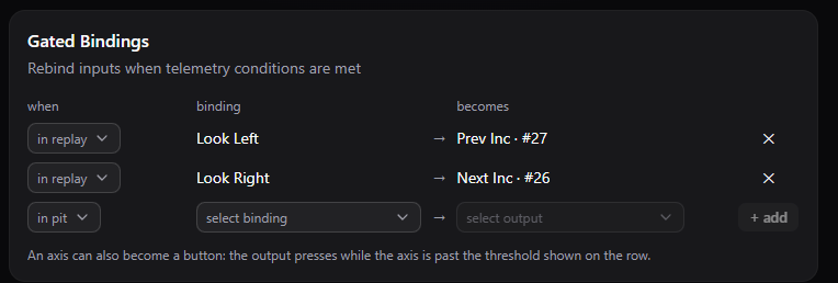 Gated bindings rebinding Look Left and Look Right to camera controls while in a replay