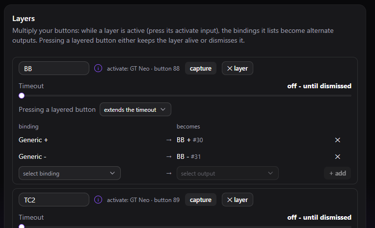 Two button layers, each with an activate button and its own rebound inputs
