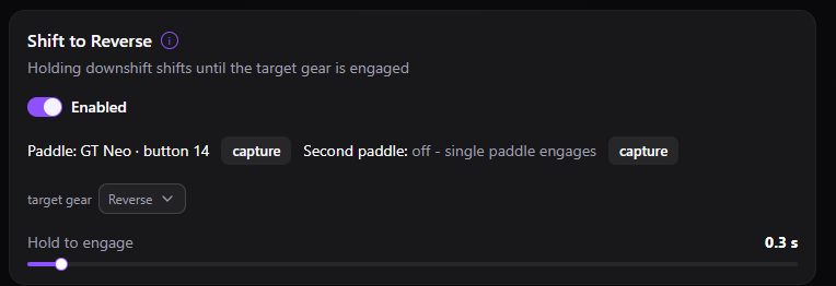 Shift to Reverse settings: bound paddle, target gear and hold time