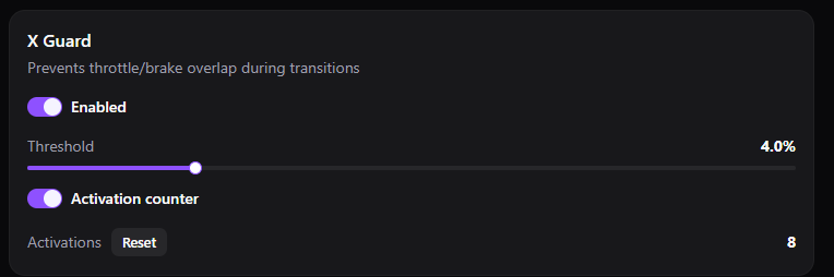 X Guard settings: threshold slider and activation counter